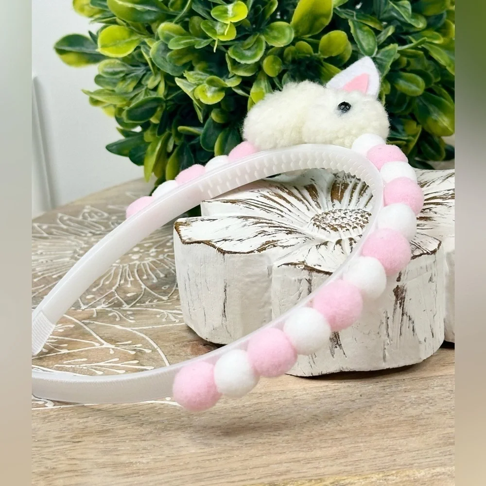 Cute Easter Bunny Headband with Pink and White Pom Poms